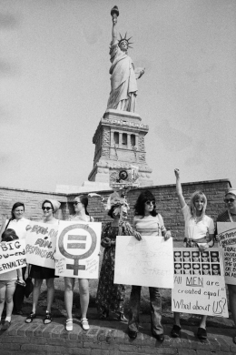 Women's Liberation March, New York (August 26, 1970)     -Which of the following most inspired the actions of the women shown in the photograph? A)  the desire for reproductive rights B)  the African-American civil rights movement C)  increasingly discriminatory government policies D)  the desire to limit the role of government