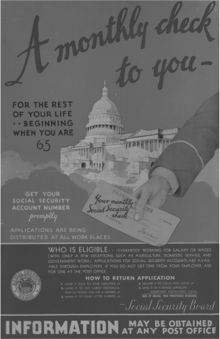 Social Security Poster    -As compared with earlier legislation of the New Deal, the program advertised in this poster A)  was not nearly as successful. B)  was declared unconstitutional by the Supreme Court. C)  had less longevity. D)  tended to focus more on systemic reform than on immediate relief.