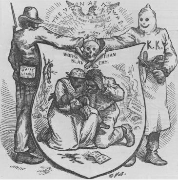 Ku Klux Klan Cartoon (1874)  Thomas Nast    -Many of the conditions implied in the cartoon were resolved during the A)  mass migration of blacks out of the South during the world wars. B)  Harlem Renaissance. C)  civil rights movement of the 1950s and 1960s. D)  industrialization of the South in the post-World War II era.