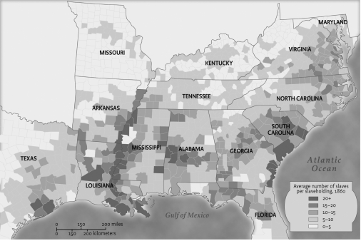 Map: Size of Slaveholdings, 1860    -Which of the following was the most significant cause of the trend depicted in the map? A)  Antislavery advocates in the east were pushing slavery westward. B)  the lack of political attempts to limit the expansion of slavery C)  The growth in the slave population led to its westward expansion. D)  Overcultivation depleted arable land in the Southeast.