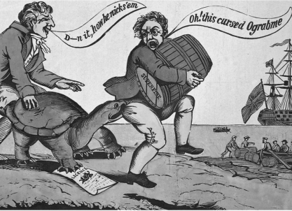 Embargo Act-Ograbme (1807)  Alexander Anderson    -The foreign policy action depicted in this cartoon led to what outcome? A)  The United States went to war against England. B)  The New England Federalists declined until the party eventually died out. C)  Federalists engaged in an overthrow of government. D)  The United States increased its trade with countries other than England and France.