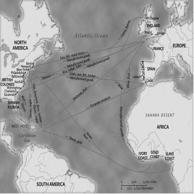 Map: Atlantic Trading Routes    -The process depicted in the map most directly led to which of the following? A)  The British colonies began producing manufactured goods in an effort to reduce their dependence on England. B)  Spanish colonies became less dependent on slave labor. C)  Racial stereotyping and the development of strict racial categories emerged among British colonists. D)  The conditions of slavery became harsher in the Chesapeake than in the other British colonies.