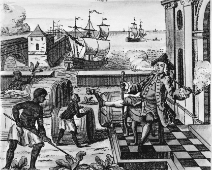 Virginia Plantation Wharf (1730)     -The people shown laboring in the image A)  eventually comprised the majority of the population in the Chesapeake and southern colonies. B)  could do little to resist the oppressive work conditions under which they toiled. C)  grew crops mostly for consumption in the colonies. D)  typically took other jobs with the skills they developed on plantations.