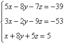Use matrices to solve the system of equations (if possible) . Use Gaussian elimination with back-substitution or Gauss-Jordan elimination.   A)  x = -4, y = -2, z = 5 B)  x = -2, y = 4, z = -5 C)  no solution D)  x = -4, y = 2, z = 5 E)  x = 4, y = 2, z = 5