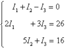 The currents in an electrical network are given by the solutions of the system   where I<sub>1</sub>, I<sub>2</sub>, and I<sub>3</sub> are measured in amperes. Solve the system of equations using matrices. A)  I<sub>1</sub> = 3, I<sub>2</sub> = 3, I<sub>3</sub> = 6 B)  I<sub>1</sub> = 4, I<sub>2</sub> = 2, I<sub>3</sub> = 6 C)  I<sub>1</sub> = 4, I<sub>2</sub> = 6, I<sub>3</sub> = 2 D)  I<sub>1</sub> = 3, I<sub>2</sub> = 3, I<sub>3</sub> = 7 E)  no solution