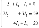The currents in an electrical network are given by the solutions of the system   where I<sub>1</sub>, I<sub>2</sub>, and I<sub>3</sub> are measured in amperes. Solve the system of equations using matrices. A)  I<sub>1</sub> = 5, I<sub>2</sub> = 8, I<sub>3</sub> = 3 B)  I<sub>1</sub> = 5, I<sub>2</sub> = 3, I<sub>3</sub> = 8 C)  I<sub>1</sub> = 3, I<sub>2</sub> = 5, I<sub>3</sub> = 9 D)  I<sub>1</sub> = 3, I<sub>2</sub> = 5, I<sub>3</sub> = 8 E)  no solution