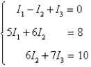 Applying Kirchhoff's Laws to the electrical network in the figure, the currents I<sub>1</sub>, I<sub>2</sub>, and I<sub>3</sub> are the solution of the system   Find the currents.     A)        B)        C)        D)        E)       