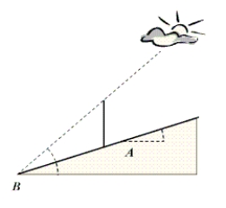 A straight road makes an angle, A, of   with the horizontal. When the angle of elevation, B, of the sun is   , a vertical pole beside the road casts a shadow 6 feet long parallel to the road. Approximate the length of the pole. Round answer to two decimal places.   A) 4.28 feet B) 1.97 feet C) 5.26 feet D) 9.60 feet E) 8.41 feet
