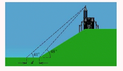 <strong>A cathedral is located on a hill, as shown in the figure. When the top of the spire is viewed from the base of the hill, the angle of elevation is . When it is viewed at a distance of feet from the base of the hill, the angle of elevation is . The hill rises at an angle of . Approximate the height of the cathedral.</strong> A)737 ft B)735 ft C)1,610 ft D)739 ft E)733 ft