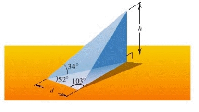 The volume V of the right triangular prism shown in the figure is   where B is the area of the base and h is the height of the prism.   Approximate h, if   . A) 5.6 B) 19.5 C) 20.7 D) 19.9 E) 21.1