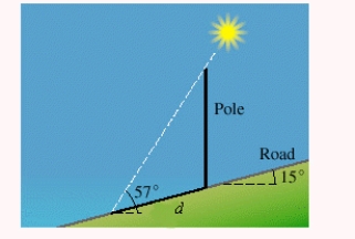 <strong>A straight road makes an angle of with the horizontal. When the angle of elevation of the sun is , a vertical pole at the side of the road casts a shadow feet long directly down the road, as shown in the figure. Approximate the length of the pole.</strong> A)121.00 ft B)120.40 ft C)79.77 ft D)121.30 ft E)120.10 ft