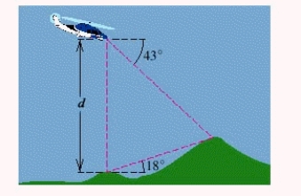 <strong>A helicopter hovers at an altitude that is feet above a mountain peak of altitude 5,847 feet, as shown in the figure. A second, taller peak is viewed from both the mountaintop and the helicopter. From the helicopter, the angle of depression is , and from the mountaintop, the angle of elevation is . Approximate the altitude of the taller peak.</strong> A)5,578 ft B)6,118 ft C)6,112 ft D)6,116 ft E)6,110 ft