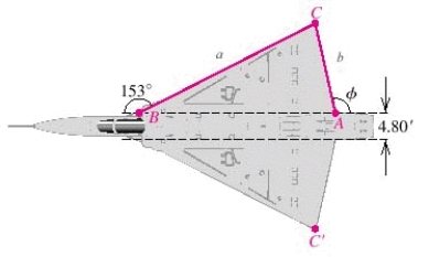 <strong>Shown in the figure is a plan for the top of a wing of a jet fighter, where feet and feet. Approximate the area of triangle ABC.</strong> A)442.7 ft<sup> 2 </sup> B)442.1 ft<sup> 2 </sup> C)885.0 ft<sup> 2 </sup> D)443.1 ft<sup> 2 </sup> E)442.5 ft<sup> 2 </sup>