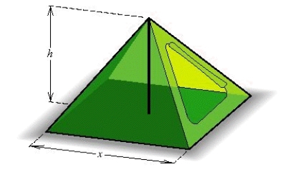 A canvas camping tent is to be constructed in the shape of a pyramid with a square base. An 8-foot pole will form the center support, as illustrated in the figure. Find the length x of a side of the base so that the total amount of canvas needed for the sides and bottom is 384 ft<sup> 2 </sup>.   A) 14 ft B) 13 ft C) 12 ft D) 11 ft E) 10 ft
