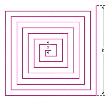 Find the total length of the red-line curve in the figure if the width of the maze formed by the curve is 48 inches and all halls in the maze have width 3 inches.     in. and   in. A) 825 inches B) 816 inches C) 810 inches D) 822 inches E) 918 inches