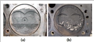 What two different problems can be pinpointed by looking at the tops of the two pistons shown in Figure here? ​ ​    ​