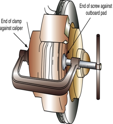 Technician A says the following illustrated procedure is a method of seating new pads.Technician B says the following illustrated procedure is a method of retracting the caliper piston.Who is correct?   A) A only B) B only C) Both A and B D) Neither A nor B