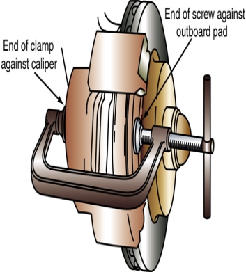 Technician A says the procedure illustrated is a method of seating new pads.Technician B says the procedure illustrated shows checking for a seized caliper piston by attempting to retract it.Who is correct? ​   A) A only B) B only C) Both A and B D) Neither A nor B