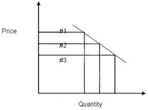 The following graph shows the relationship between price and quantity at three points.   Which one of the following is the correct label for the sloping line joining the three points? A) Contribution B) Elasticity C) Demand D) Profit