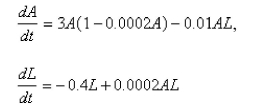 We modeled populations of aphids and ladybugs with a Lotka-Volterra system.Suppose we modify those equations as follows:   Find the equilibrium solution.