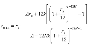Select the correct Answer for each question. -The size of the monthly repayment   that amortizes a loan of   dollars in   years at an interest rate of   per year, compounded monthly, on the unpaid balance is given by   The value of   can be found by performing the iteration   A family secured a loan of $360,000 from a bank to finance the purchase of a house.They have agreed to repay the loan in equal monthly installments of $2476 over 25 years.Find the interest rate on this loan.Round the rate to one decimal place. A) 8.7% B) 7.7% C) 6.7% D) 5.7%