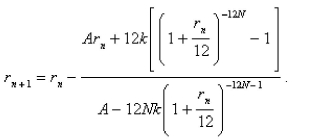 <strong>The size of the monthly repayment   that amortizes a loan of   dollars in   years at an interest rate of   per year, compounded monthly, on the unpaid balance is given by   The value of   can be found by performing the iteration   A family secured a loan of $360,000 from a bank to finance the purchase of a house.They have agreed to repay the loan in equal monthly installments of $2342 over 25 years.Find the interest rate on this loan.Round the rate to one decimal place.</strong> A)4.1% B)5.1% C)6.1% D)7.1% <div style=padding-top: 35px> 