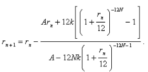 The size of the monthly repayment   that amortizes a loan of A dollars in N years at an interest rate of r per year, compounded monthly, on the unpaid balance is given by   The value of r can be found by performing the iteration   A family secured a loan of $360,000 from a bank to finance the purchase of a house.They have agreed to repay the loan in equal monthly installments of $2342 over 25 years.Find the interest rate on this loan.Round the rate to one decimal place.