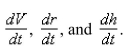 The volume of a right circular cone of radius   and height   is   Suppose that the radius and height of the cone are changing with respect to time   a.Find a relationship between   b.At a certain instant of time, the radius and height of the cone are 12 in.and 13 in.and are increasing at the rate of 0.2 in./sec and 0.5 in./sec, respectively.How fast is the volume of the cone increasing?