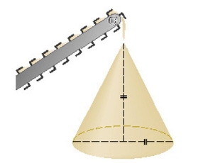 Gravel is being dumped from a conveyor belt at a rate of   and its coarseness is such that it forms a pile in the shape of a cone whose base diameter and height are always equal.How fast is the height of the pile increasing when the pile is   Round the result to the nearest hundredth.  