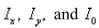 Find the mass and the moments of inertia   and the radii of gyration   for the lamina occupying the region R, where R is the region bounded by the graphs of the equations   and having the mass density  