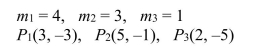 Find the center of mass of the system comprising masses   located at the points   in a coordinate plane.Assume that mass is measured in grams and distance is measured in centimeters.  