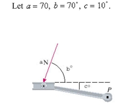 A bicycle pedal is pushed by a foot with a force of a-N as shown.The shaft of the pedal is   long.Find the magnitude of the torque about P correct to two decimal places.  