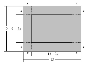 By cutting away identical squares from each corner of a rectangular piece of cardboard and folding up the resulting flaps, an open box can be made.If the cardboard is 13 in.long and 9 in.wide and the square cutaways have dimensions of   in.by   in., find a function that gives the volume of the resulting box.  