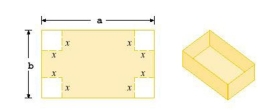 Select the correct Answer for each question. -A box with an open top is to be constructed from a rectangular piece of card board with dimensions   in.by   in.by cutting out equal squares of side   at each corner and then folding up the sides as in the figure.Express the volume   of the box as a function of     A)    B)    C)    D)    E)   