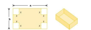 A box with an open top is to be constructed from a rectangular piece of card board with dimensions   in.by   in.by cutting out equal squares of side   at each corner and then folding up the sides as in the figure.Express the volume   of the box as a function of    