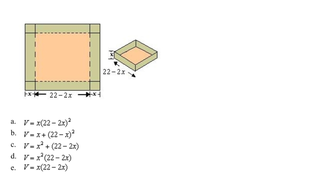 centimeters on a side by cutting equal squares from the corners and turning up the sides (see figure). Write the volume