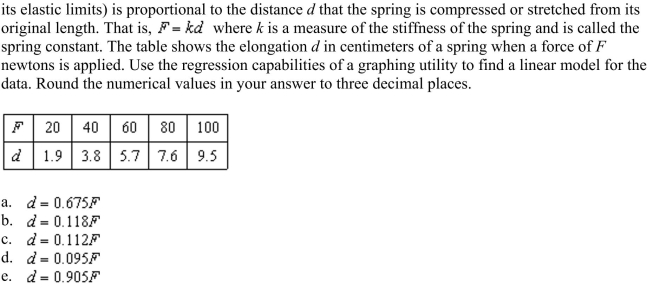 Hooke's Law states that the force F required to compress or stretch a spring (within