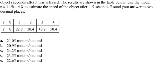 an experiment, students measured the speed s (in meters per second) of a falling