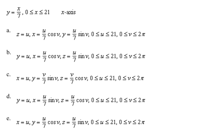 Write a set of parametric equations for the surface of revolution obtained by revolving the graph of the function about the given axis.