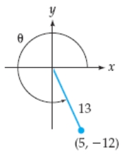  Find the cosine of  \theta  .   A)   - \frac { 5 } { 12 }  B)   - \frac { 13 } { 12 }  C)   \frac { 13 } { 5 }  D)   - \frac { 12 } { 13 }  E)   \frac { 5 } { 13 }