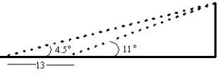 <strong>In traveling across flat land, you notice a mountain directly in front of you. Its angle of elevation (to the peak) is 4.5 ^\circ . After you drive 13 miles closer to the mountain, the angle of elevation is 11 ^\circ . Approximate the height of the mountain. Round your answer to two decimal places. </strong> A)45.50 miles B)8.84 miles C)1.94 miles D)1.72 miles E)17.69 miles