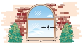 A Norman window is constructed by adjoining a semicircle to the top of an ordinary rectangular window (see figure) . Find the dimensions of a Norman window of maximum area if the total perimeter is 24 feet. Round yours answers to two decimal places.   A) x = 6.72 feet and y = 3.36 feet B) x = 3.36 feet and y = 7.68 feet C) x = 2.24 feet and y = 9.12 feet D) x = 5.72 feet and y = 4.65 feet E) x = 7.72 feet and y = 2.08 feet
