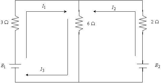  Consider the circuit shown in the figure below. The currents  I _ { 1 } , I _ { 2 } , \text { and } I _ { 3 }  ( in amperes )  are the solutions to the system of linear equations  \left\{ \begin{aligned} 3 I _ { 1 } + 6 I _ { 3 } & = E _ { 1 } \\ 2 I _ { 2 } + 6 I _ { 3 } & = E _ { 2 } \\ I _ { 1 } + I _ { 2 } - I _ { 3 } & = 0 \end{aligned} \right.  , where  E _ { 1 } \text { and } E _ { 2 }  are voltages of 6 and 9 volts, respectively. Use the inverse of the coefficient matrix of this system to find the unknown currents. Round answers to nearest tenth. [Hint: If a current value turns out to be negative, it simply means that the current flow is in the opposite direction from that indicated in the figure below.]     A)   I _ { 1 } = 0.5 \mathrm { amps } ; I _ { 2 } = 0.8 \mathrm { amps } ; I _ { 3 } = 1.3 \mathrm { amps }  B)   I _ { 1 } = - 0.4 \mathrm { amps } ; I _ { 2 } = 1.6 \mathrm { amps } ; I _ { 3 } = 1.2 \mathrm { amps }  C)   I _ { 1 } = 1.3 \mathrm { amps } ; I _ { 2 } = 6.4 \mathrm { amps } ; I _ { 3 } = - 1.3 \mathrm { amps }  D)   I _ { 1 } = - 0.2 \mathrm { amps } ; I _ { 2 } = 1.3 \mathrm { amps } ; I _ { 3 } = 1.1 \mathrm { amps }  E)   I _ { 1 } = - 4.9 \mathrm { amps } ; I _ { 2 } = 15.0 \mathrm { amps } ; I _ { 3 } = 8.2 \mathrm { amps }