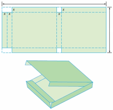 A closed box is to be constructed from a rectangular sheet of cardboard that measures 25 inches by 12 inches. The box is made by cutting rectangles that measure x inches by 2x inches from two of the corners and by cutting two squares that measure x inches by x inches from the top and from the bottom of the rectangle, as shown in the following figure. Use a graphing calculator to determine what value of x (to the nearest thousandth of an inch)  will produce a box with maximum volume?   A) 2.296 B) 9.186 C) 1.814 D) 7.260 E) 1.614