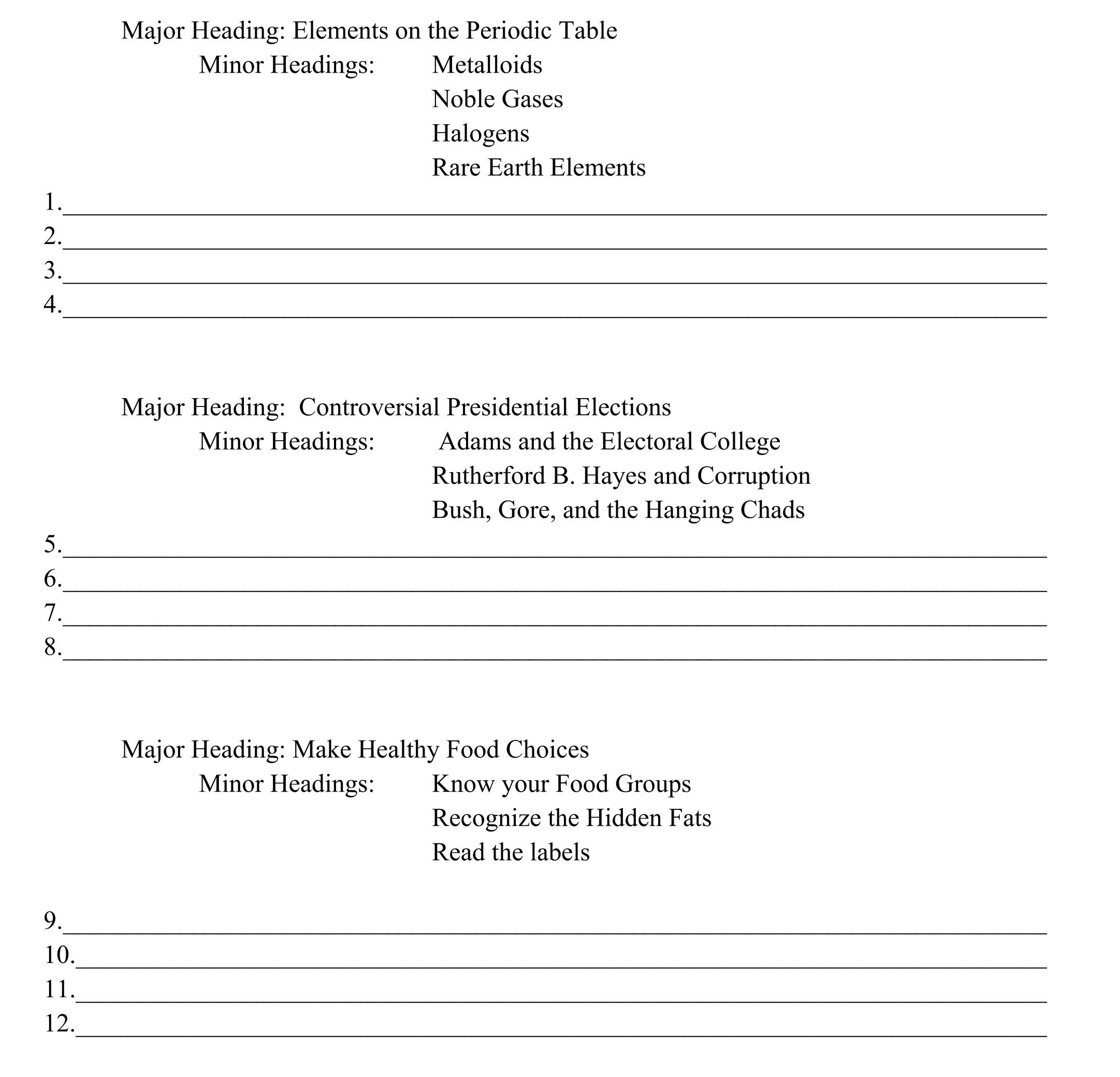 Read the major and minor titles below and create 4 appropriate questions.   