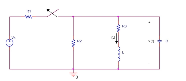  the switch in the circuit shown below has been closed for a long time before it is opened at t  = 0 . Find the current  i ( t )  through the inductor for  t \geq 0 . Assume  R _ { 1 } = 1 \mathrm { k } \Omega , R _ { 2 } = 2 \mathrm { k } \Omega , R _ { 3 } = 3   \mathrm { k } \Omega , \mathrm { L } = 250 \mathrm { mH } , \mathrm { C } = 0.025 \mu \mathrm { F } , \mathrm { V } _ { \mathrm { s } } = 2.2 \mathrm {~V} .   