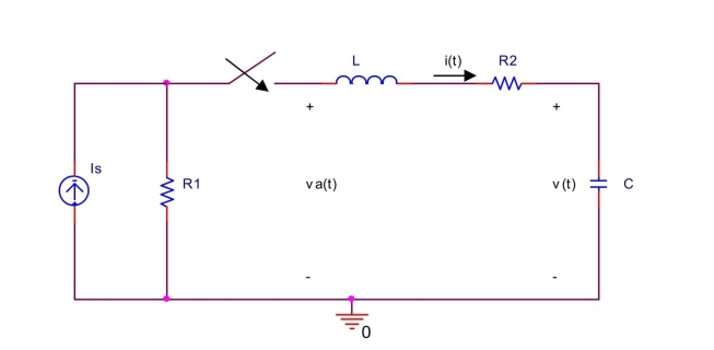  switch in the circuit shown below has been opened for a long time before it is closed at t  = 0 . Find the current  i ( t )  through the inductor for  t \geq 0 . Assume  R _ { 1 } = 100 \Omega , R _ { 2 } = 200 \Omega , L = 100   \mathrm { mH } , \mathrm { C } = 0.02 \mu \mathrm { F } , \mathrm { I } _ { \mathrm { s } } = 5 \mathrm {~mA} , \mathrm { i } ( 0 ) = \mathrm { I } _ { 0 } = 1 \mathrm {~mA} , \mathrm { v } ( 0 ) = \mathrm { V } _ { 0 } = 0.5 \mathrm {~V}    
