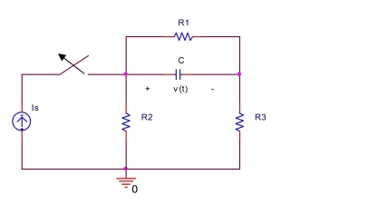  the switch in the circuit shown below has been closed for a long time before it is opened at t  = 0 . Find the voltage  \mathrm { v } ( \mathrm { t } )  across the capacitor for  \mathrm { t } \geq 0 . Assume  \mathrm { R } _ { 1 } = 3 \mathrm { k } \Omega , \mathrm { R } _ { 2 } = 5 \mathrm { k } \Omega , \mathrm { R } _ { 3 } = 2   \mathrm { k } \Omega , \mathrm { I } _ { \mathrm { s } } = 4 \mathrm {~mA} , \mathrm { C } = 0.3 \mu \mathrm { F } .   