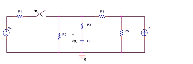  The switch in the circuit shown below has been closed for a long time before it is opened at t  = 0 . Find the voltage  \mathrm { v } ( \mathrm { t } )  across the capacitor for  \mathrm { t } \geq 0 . Assume  \mathrm { R } _ { 1 } = 3 \mathrm { k } \Omega , \mathrm { R } _ { 2 } = 6 \mathrm { k } \Omega , \mathrm { R } _ { 3 } = 2   \mathrm { k } \Omega , \mathrm { R } _ { 4 } = 2 \mathrm { k } \Omega , \mathrm { R } _ { 5 } = 4 \mathrm { k } \Omega , \mathrm { I } _ { \mathrm { s } } = 0.6 \mathrm {~mA} , \mathrm {~V} _ { \mathrm { s } } = 6 \mathrm {~V} , \mathrm { C } = 0.08 \mu \mathrm { F } .   