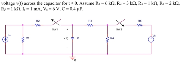 switch 1 in the circuit shown below has been closed for a long time before it is opened at t = 0 and the switch 2 has been opened for a long time before it is closed at t = 0. Find the  <div style=padding-top: 35px> 